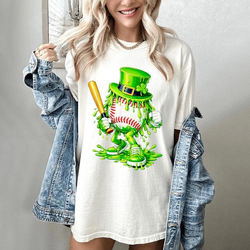 Baseball Player Ice Cream Drip Shamrocks St Patrick's Day Women's Comfort Colors T-Shirt - Sportilla