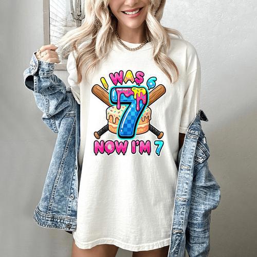 Blue Checkered I Was 6 Now I'm 7 Birthday Cake Baseball Drip Women's Comfort Colors T-Shirt - Sportilla