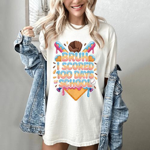 Bruh I Scored 100 Days Of School Baseball Ice Cream Drip Tee Women's Comfort Colors T-Shirt - Sportilla