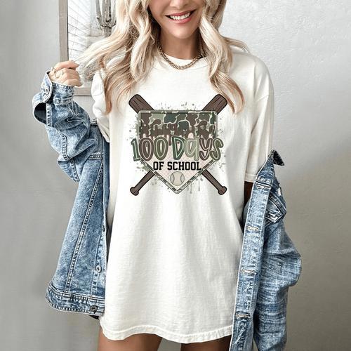Camo 100 Days Of School Baseball Home Plate Drip Boy Kids Women's Comfort Colors T-Shirt - Sportilla