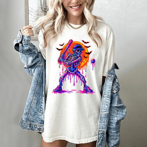 Drip Skeleton Batting Baseball Halloween Women's Comfort Colors T-Shirt - Sportilla