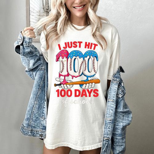 HUGvyn I Just Hit 100 Days Of School Baseball Ice Cream Boys Women's Comfort Colors T-Shirt - Sportilla