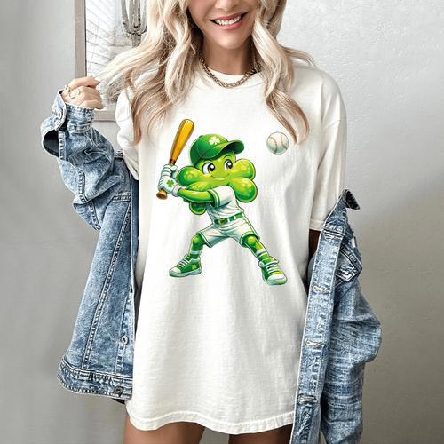 Shamrock Playing Baseball St Patricks Day Men Boys Kid Women's Comfort Colors T-Shirt - Sportilla