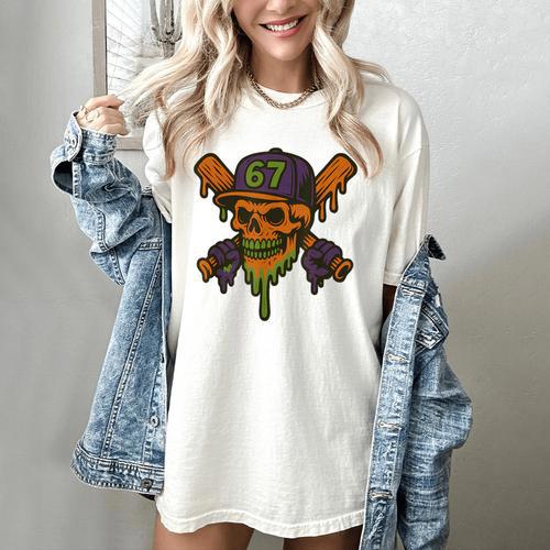 Six Seven 6 7 Baseball Skull Drip Halloween Horror Sports Women's Comfort Colors T-Shirt - Sportilla