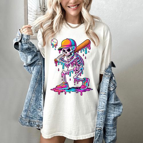Skelton Playing Baseball Halloween Baseball Drip Boys Kids Women's Comfort Colors T-Shirt - Sportilla