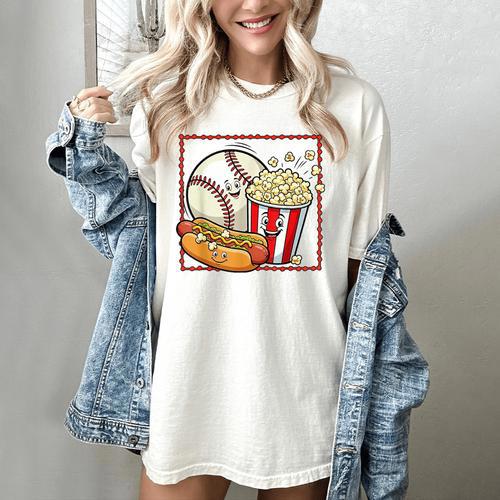 Smiling Baseball Popcorn And Hot-Dog Cartoon Apparel Women's Comfort Colors T-Shirt - Sportilla