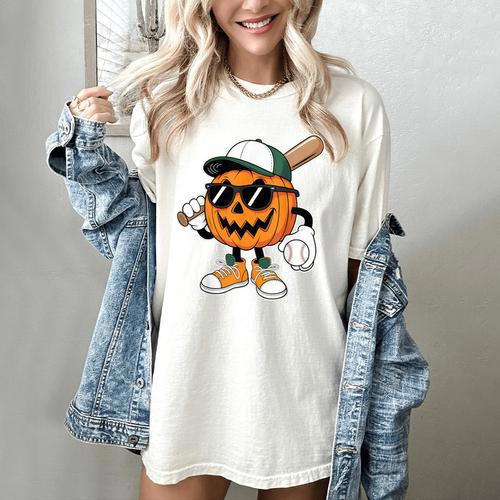 Spooky Jack O Lantern Baseball Halloween Costumes Boys Women's Comfort Colors T-Shirt - Sportilla