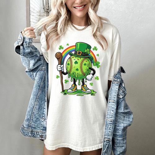 St Patricks Day Baseball Leprechaun Rainbow Green Baseball Women's Comfort Colors T-Shirt - Sportilla