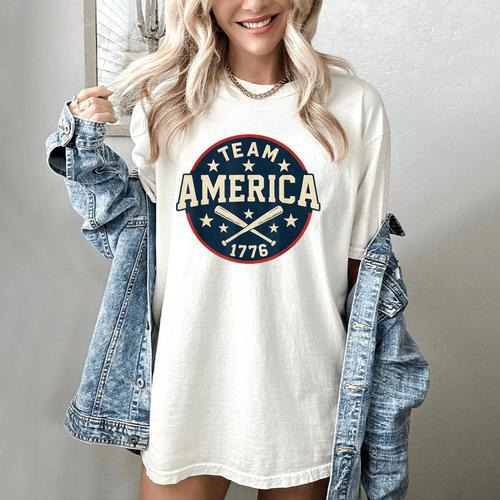 Team America 1776 4th Of July Patriotic Baseball Women's Comfort Colors T-Shirt - Sportilla