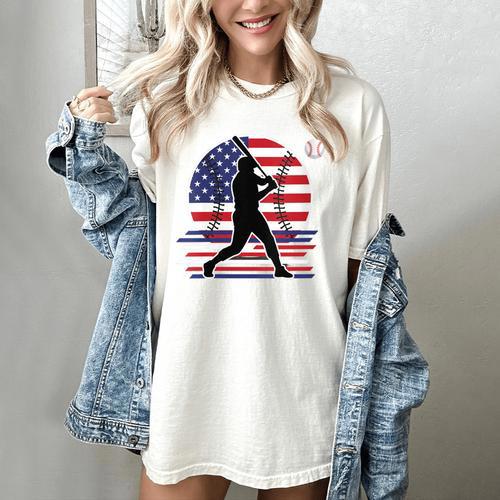 Women's Batter Patriotic American Flag Baseball Silks Women's Comfort Colors T-Shirt - Sportilla
