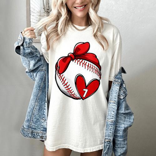 Womens Custom Baseball Mom Number 7 Heart For Mom Mommy Women's Comfort Colors T-Shirt - Sportilla