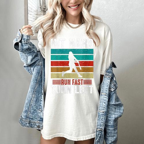 Women's Retro Hit Hard Run Fast Turn Left Baseball Lover Women's Comfort Colors T-Shirt - Sportilla