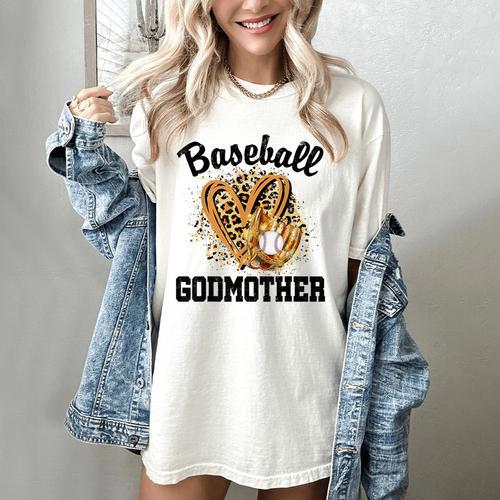 Baseball Godmother Leopard Heart Baseball Mom Game Day Women's Comfort Colors T-Shirt - Sportilla
