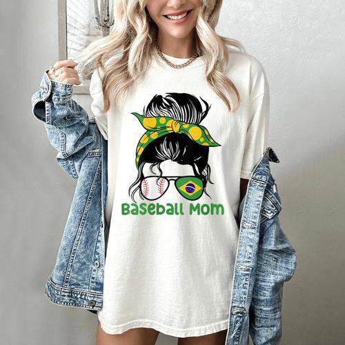 Brazil Baseball Mom Messy Bun Women's Comfort Colors T-Shirt - Sportilla
