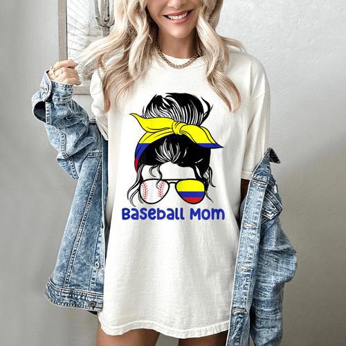 Colombia Baseball Mom Messy Bun Women's Comfort Colors T-Shirt - Sportilla