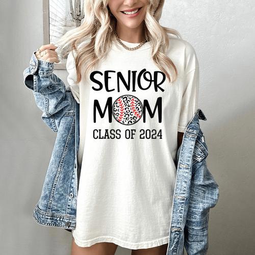 Proud Senior Baseball Mom Senior 2024 Class Leopard Game Day Raglan Baseball Tee Women's Comfort Colors T-Shirt - Sportilla