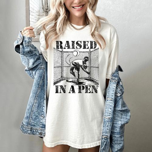 Raised In a Pen Baseball Pitcher Saying Bullpen Women's Comfort Colors T-Shirt - Sportilla