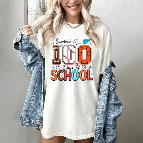 I Survived 100 Days Baseball Football Basketball School Kids Women's Comfort Colors T-Shirt - Sportilla