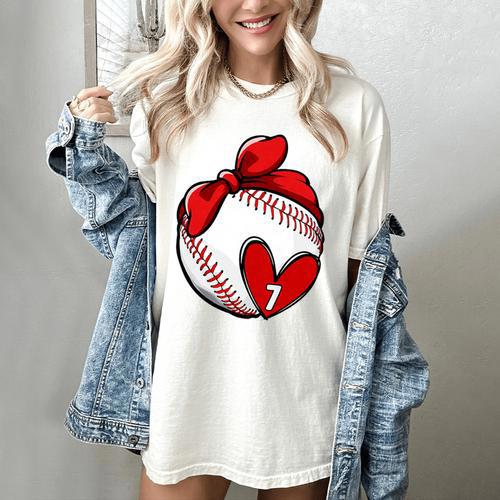 Womens Custom Baseball Mom Number 7 Heart For Mom Mommy Premium Women's Comfort Colors T-Shirt - Sportilla