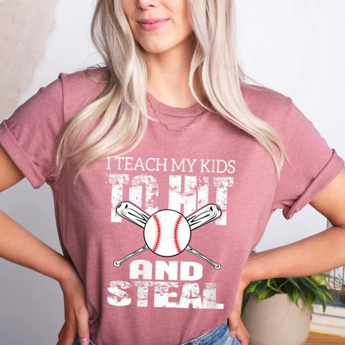 Baseball Mom Quote I Teach My Kids To Hit And Steal Women's Heather T-Shirt - Sportilla