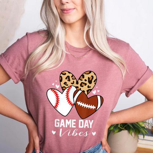 Game Day Vibes Football Baseball Mom Heart Women's Heather T-Shirt - Sportilla