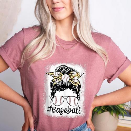 Leopard Messy Bun Mom Mother's Day Baseball Mommy Women's Heather T-Shirt - Sportilla