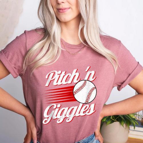 Pitch 'n Giggles Baseball Player Women Baseball Mom Women's Heather T-Shirt - Sportilla
