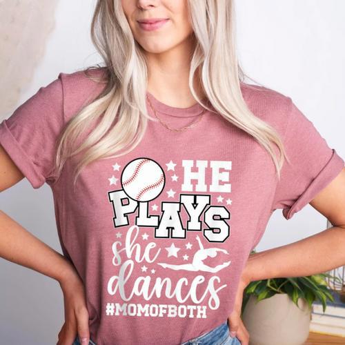 He Plays She Dances Mom Of Both Dancing And Baseball Mom Women's Heather T-Shirt - Sportilla