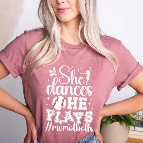 She Dances He Plays Mom Of Both Dance And Baseball Mom Women's Heather T-Shirt - Sportilla