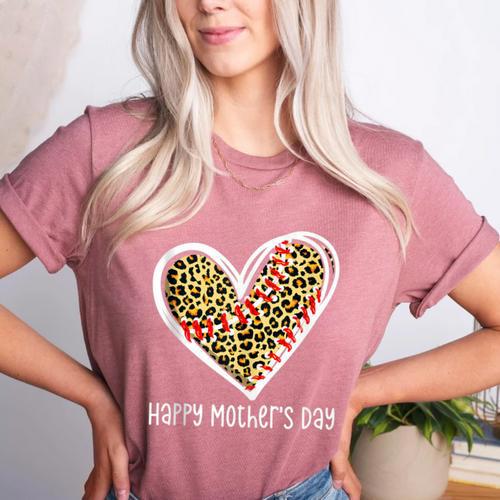 Softball Baseball Mom Valentine Leopard Heart Mother's Day Women's Heather T-Shirt - Sportilla