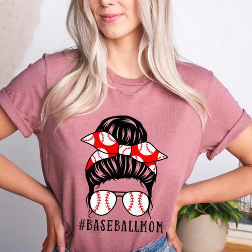 Baseball Mom Leopard Messy Bun Game Day Women's Heather T-Shirt - Sportilla