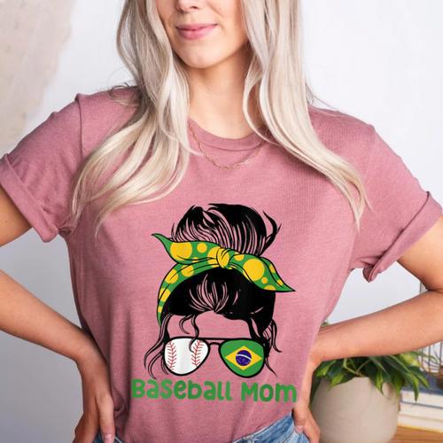 Brazil Baseball Mom Messy Bun Women's Heather T-Shirt - Sportilla