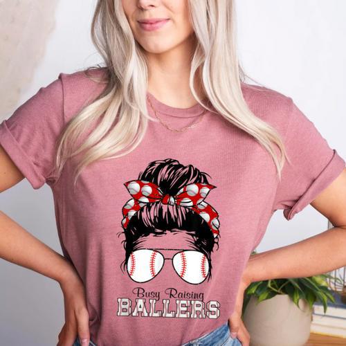 Busy Raising Ballers Messy Bun Funny Baseball Mom Women's Heather T-Shirt - Sportilla