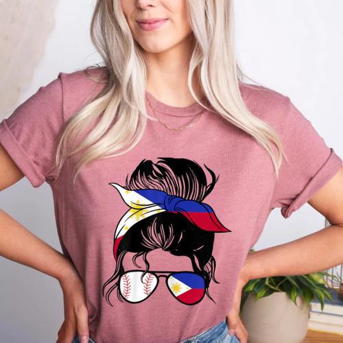 Filipina Baseball Mom Philippines Flag Baseball Girl Women's Heather T-Shirt - Sportilla