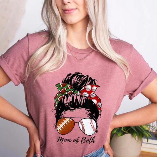 Football Mom Baseball Mom Of Both Messy Bun Mother's Day Women's Heather T-Shirt - Sportilla