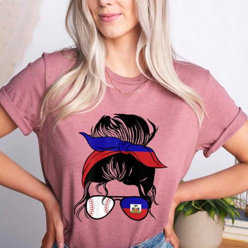 Haitian Baseball Mom Haiti Flag Baseball Girl Women's Heather T-Shirt - Sportilla