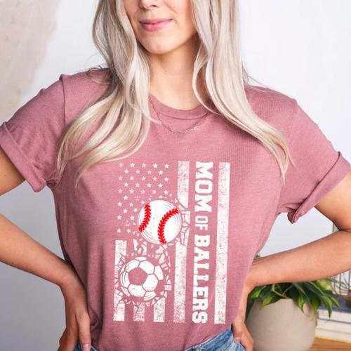 Mom Of Ballers USA Flag Soccer Baseball Mom Women's Heather T-Shirt - Sportilla