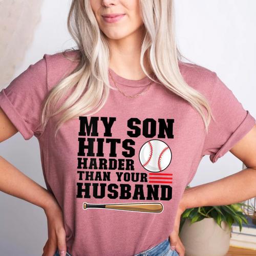 My Son Hits Harder Than Your Husband Baseball Mom Women's Heather T-Shirt - Sportilla