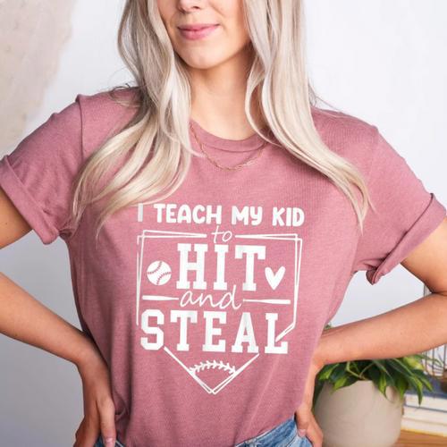 I Teach My Kid To Hit And Steal Baseball Mom Women's Heather T-Shirt - Sportilla