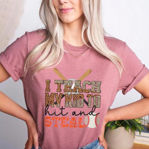 I Teach My Kids To Hit And Steal Baseball Moms Quote Women's Heather T-Shirt - Sportilla