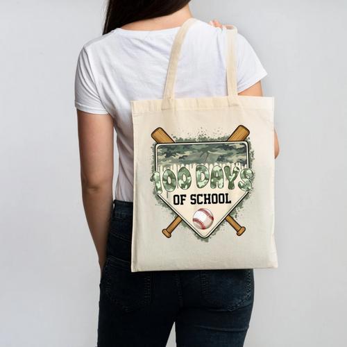100 Days Of School Home Plate Camo Baseball Dripping Boys Canvas Tote Bag - Sportilla