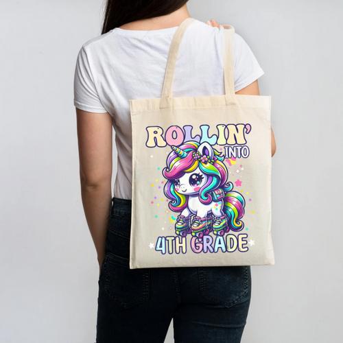 4th Grade Back To School First Day Girls Rollin Unicorn Canvas Tote Bag - Savourry