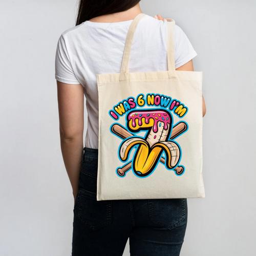 I Was 6 Now I’m 7 Banana Drip Birthday Baseball Canvas Tote Bag - Sportilla