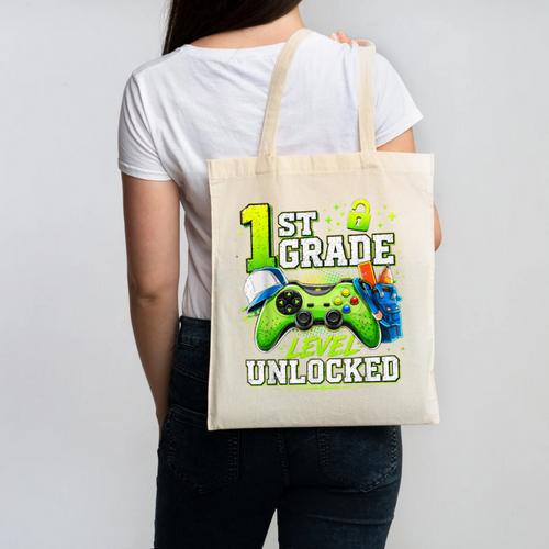 Back To School 1st First Grade Level Unlocked Gamer Kid Canvas Tote Bag - Savourry
