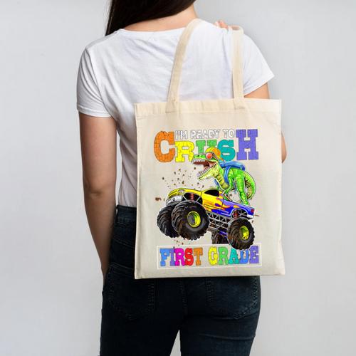 Back To School Boy Dinosaur I'm Ready To Crush First Grade Canvas Tote Bag - Savourry