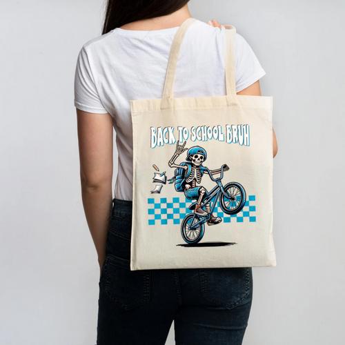 Back To School Bruh Boy Skeleton Riding On a BMX Bike Canvas Tote Bag - Savourry