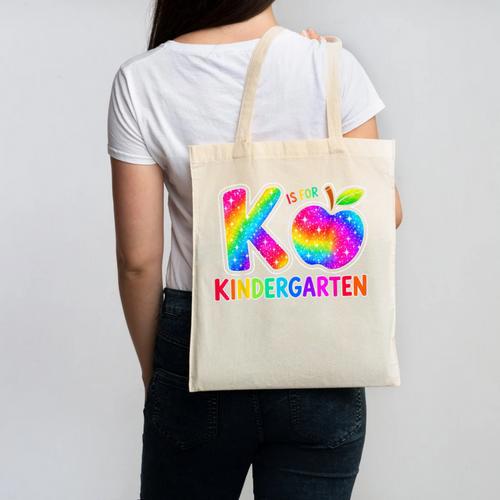 Back To School F Is For Kindergarten Rainbow Apple Kid Canvas Tote Bag - Savourry