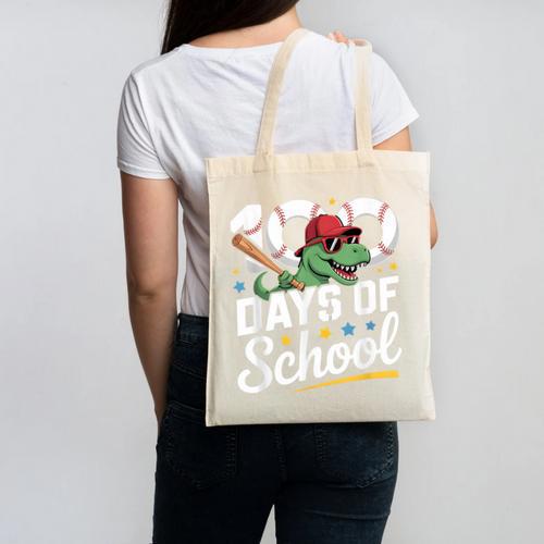 Baseball Dinosaur 100 Days Of School Kids Theme Canvas Tote Bag - Sportilla