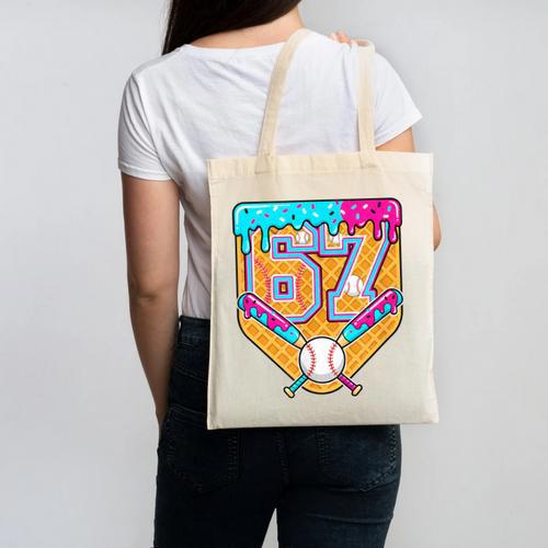 Baseball Drip Number 67 Ice Cream Home Plate Drip Canvas Tote Bag - Sportilla