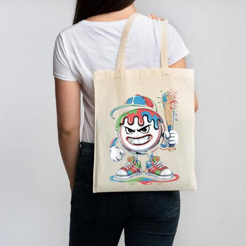 Baseball Mascot Attitude Graffiti Splash Bat Cap Canvas Tote Bag - Sportilla